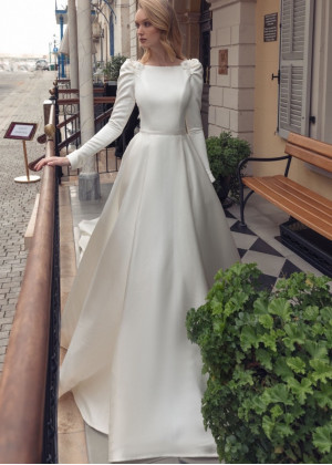 Long Sleeve Boat Neck Ivory Satin Wedding Dress